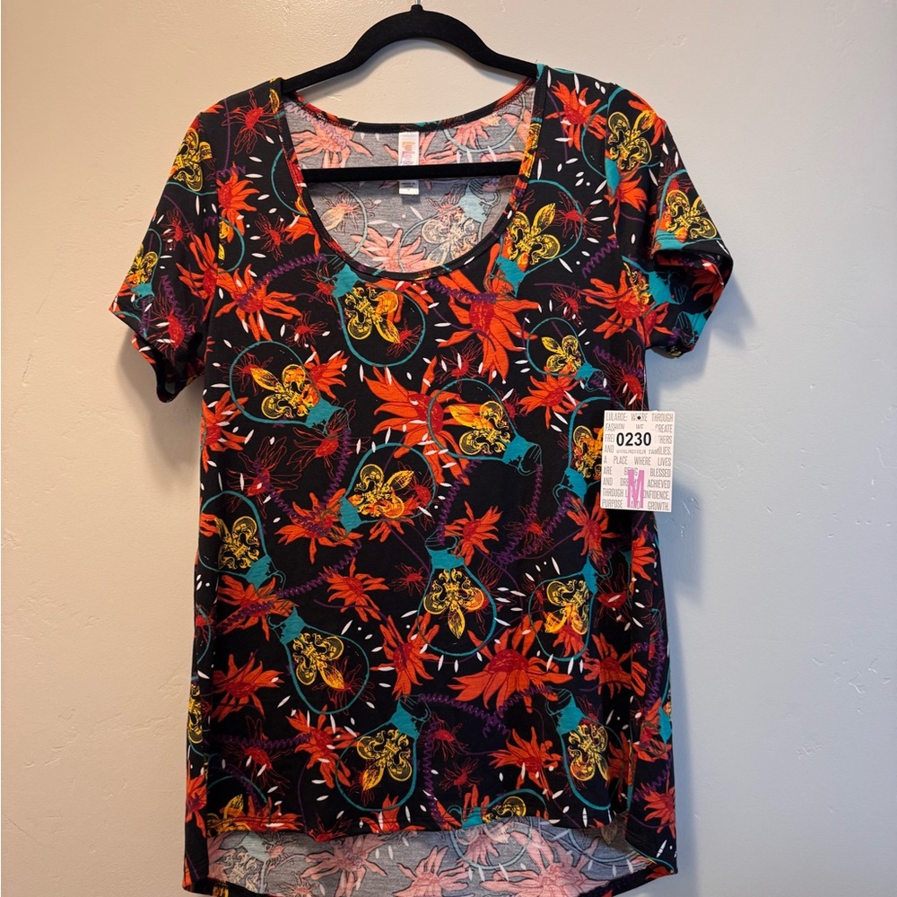 LuLaRoe Black Top with Red and Yellow Floral Design